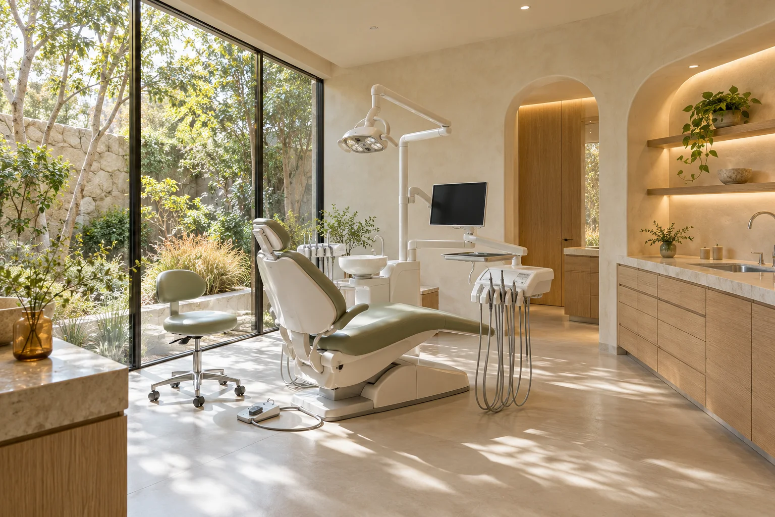 Illustrative BrightSmile studio with natural light, oak cabinetry, and a sage dental chair