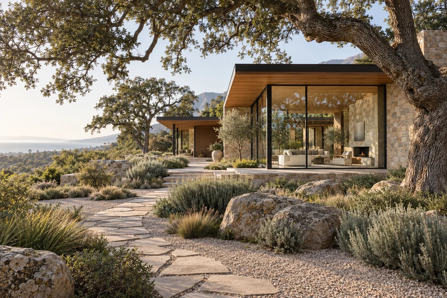Illustrative natural stone architecture and quiet garden under an oak tree